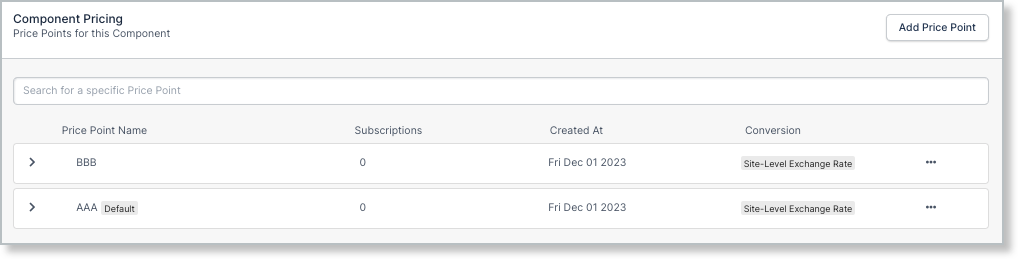 Product pricing list with two price points, one badged as the default