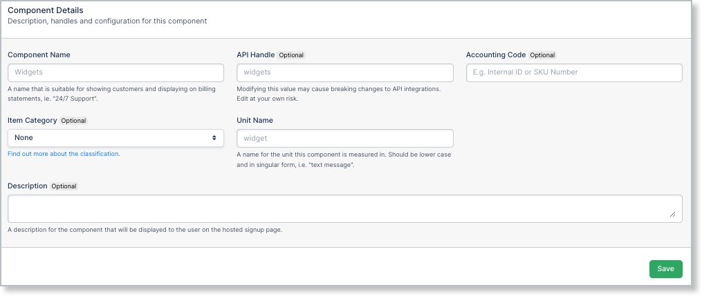 Product details form with name, API handle and accounting code fields, plus item category and unit name selectors