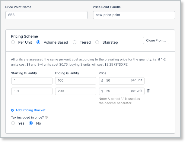 Price point editor with pricing scheme options and bracket rows for starting and ending quantity