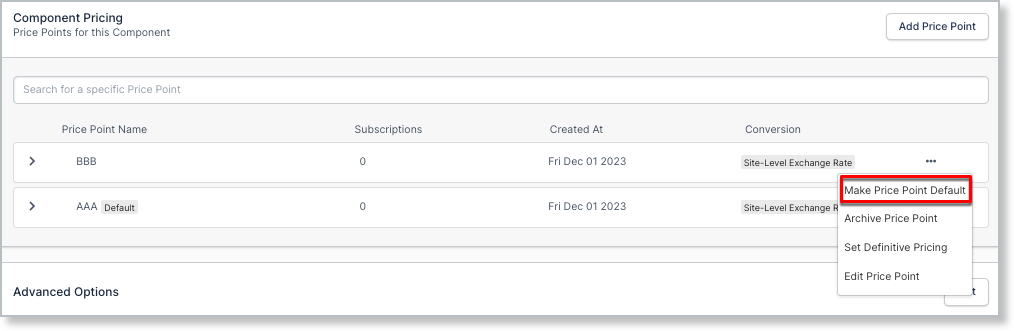 Price point row menu offering make default, archive, set definitive pricing and edit