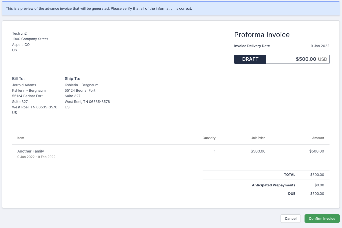 Proforma preview of an Advance Invoice marked draft, with its delivery date and totals above cancel and confirm controls