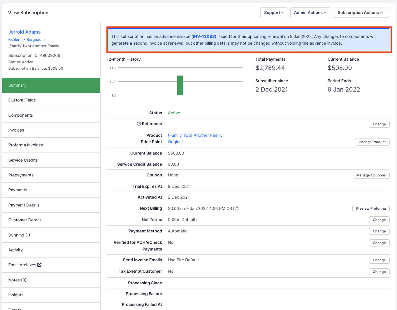 Subscription summary with a banner naming the issued Advance Invoice and its renewal date