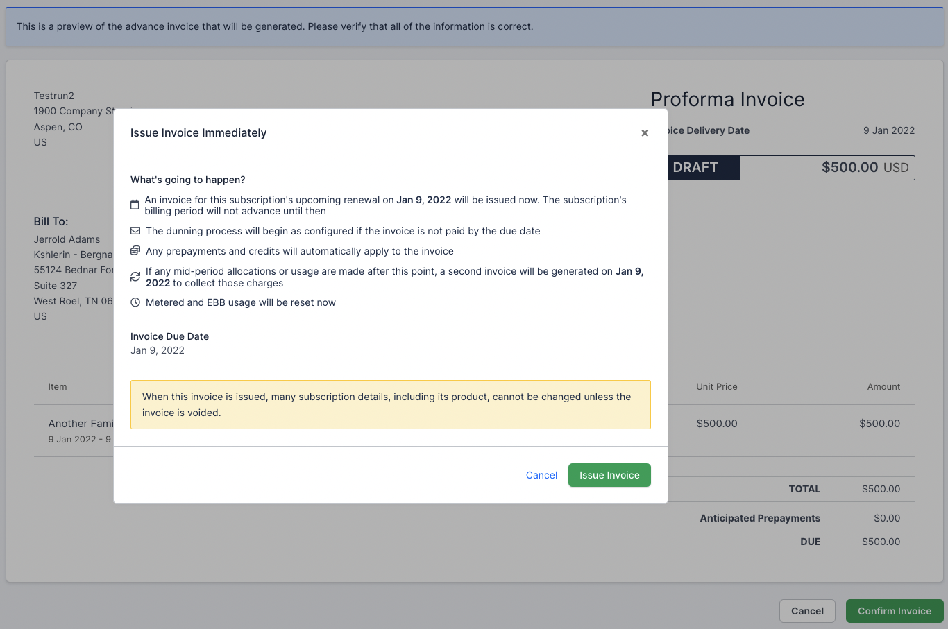 Issue Invoice Immediately confirmation warning about invoicing the upcoming renewal now