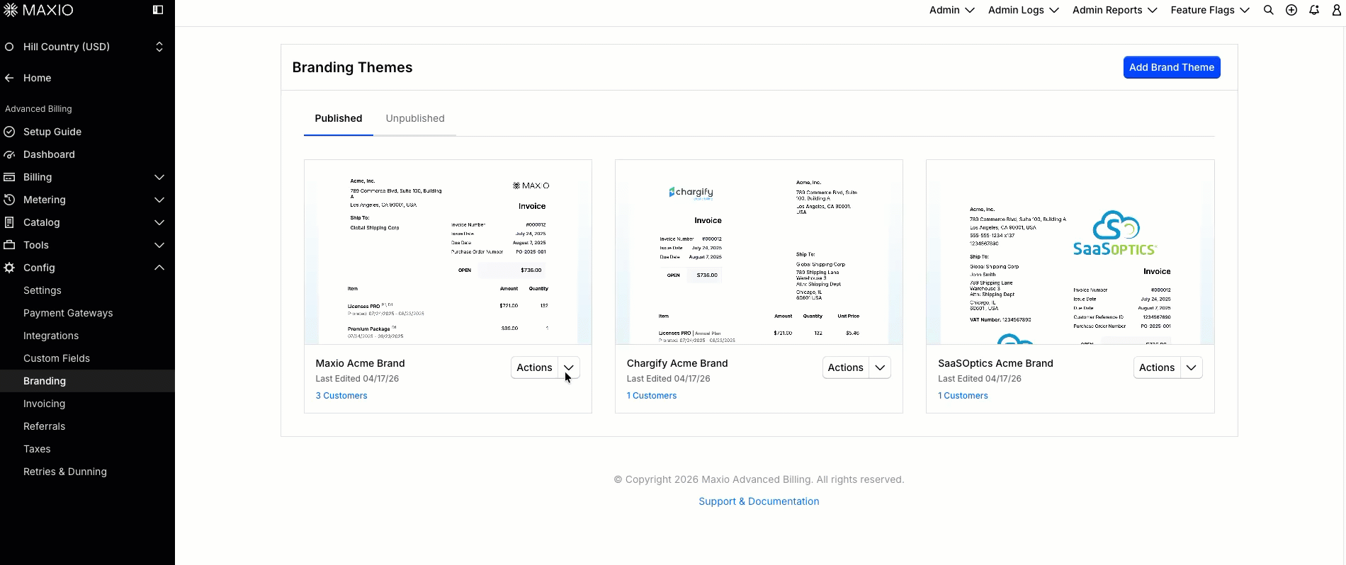 Template Editor in Preview mode, with device-width controls and a Generate PDF button above a live-rendered invoice