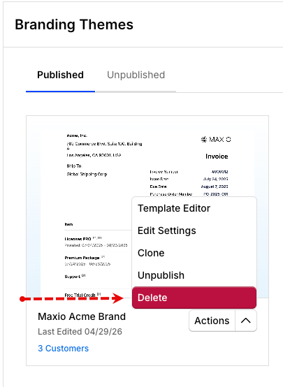 Actions dropdown menu open on a theme tile, showing Template Editor, Edit Settings, Clone, Unpublish, and Delete
