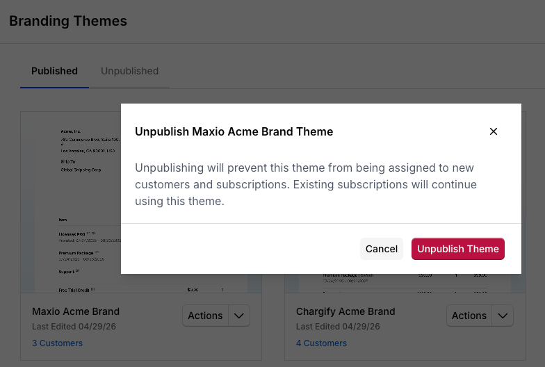 Unpublish theme confirmation dialog, explaining that unpublishing prevents assignment to new customers and subscriptions