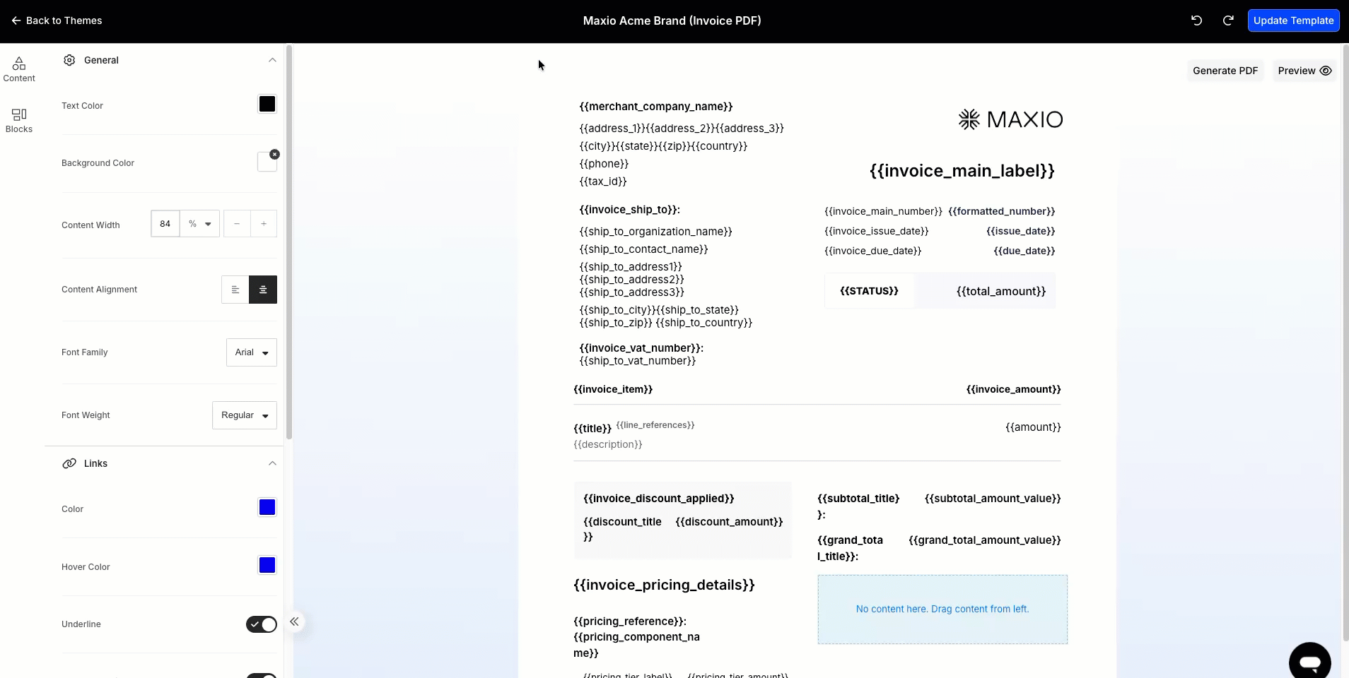 Rendered invoice with a colored background block behind the logo and company details, and repositioned Ship To and VAT Number fields
