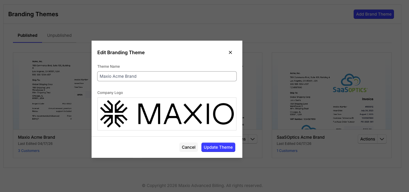 Edit Branding Theme modal with a theme name field and an uploaded company logo