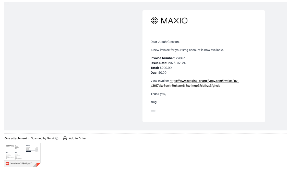 Customer-facing invoice notification email with the branding theme's logo, the invoice number, issue date, total and a view link
