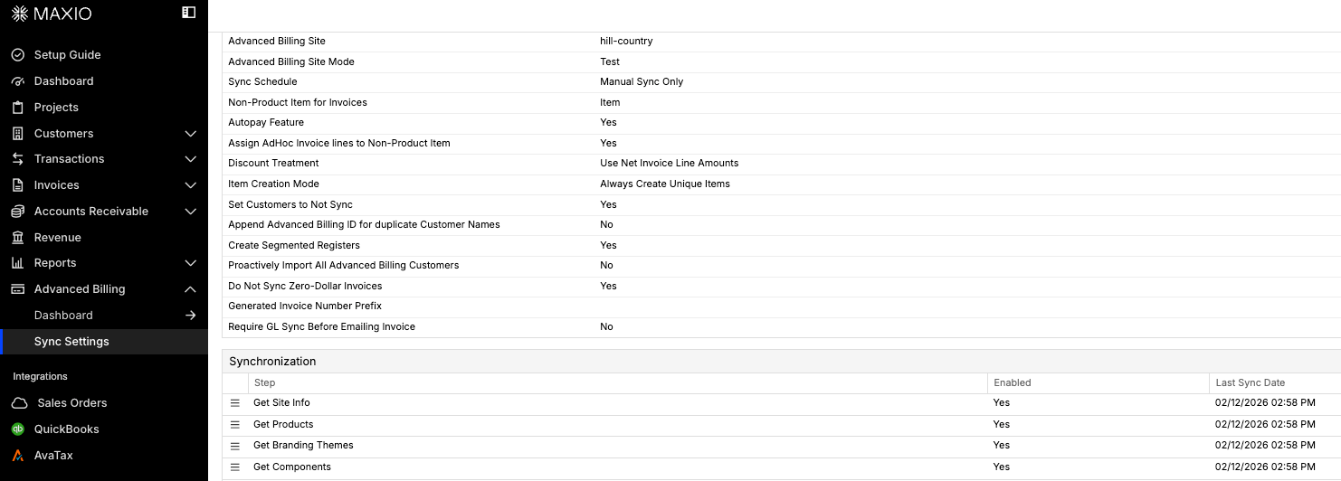Maxio Core settings page listing the billing and invoice configuration options