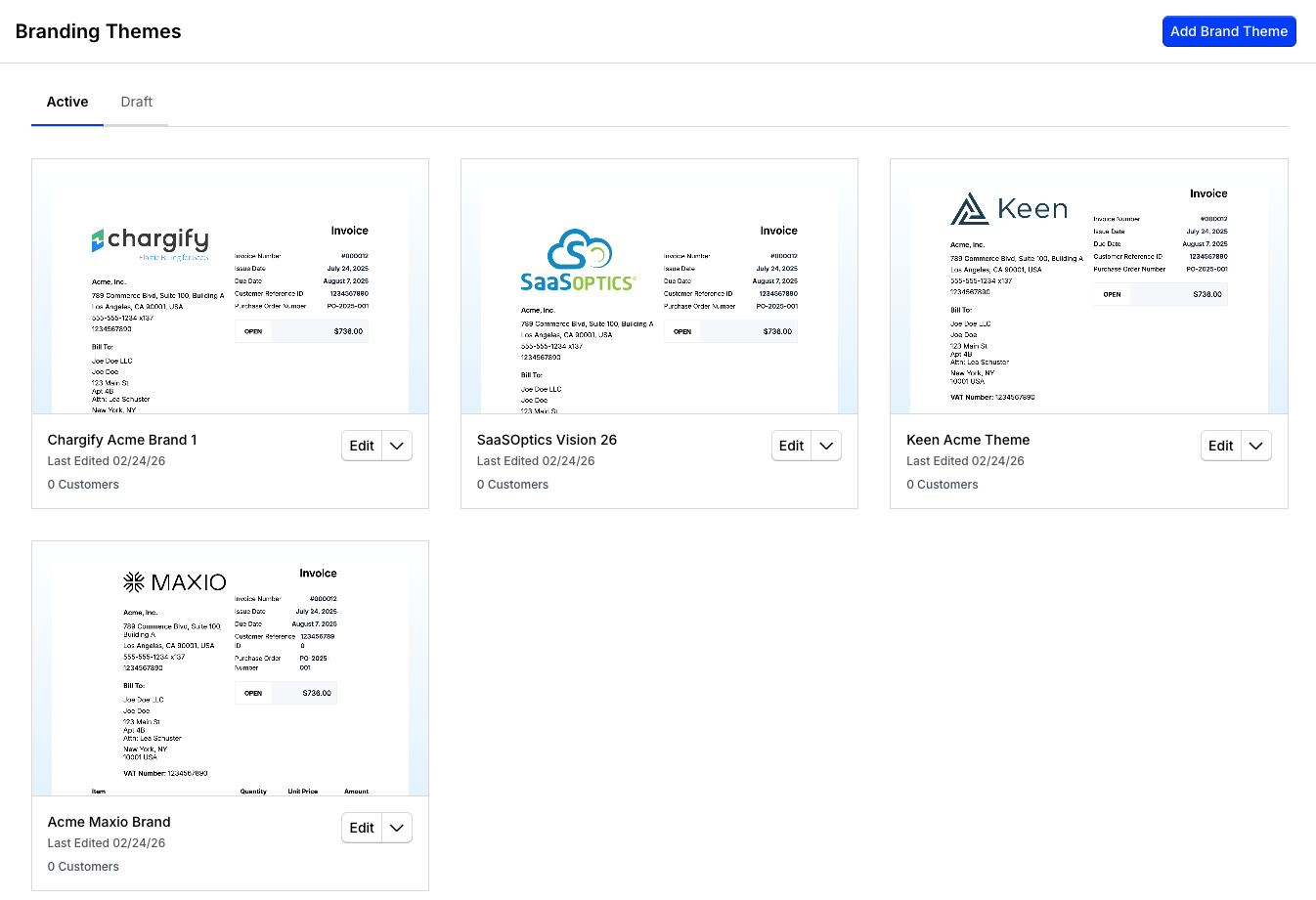 Branding themes list with active and draft tabs and four theme cards, each rendering a different invoice design