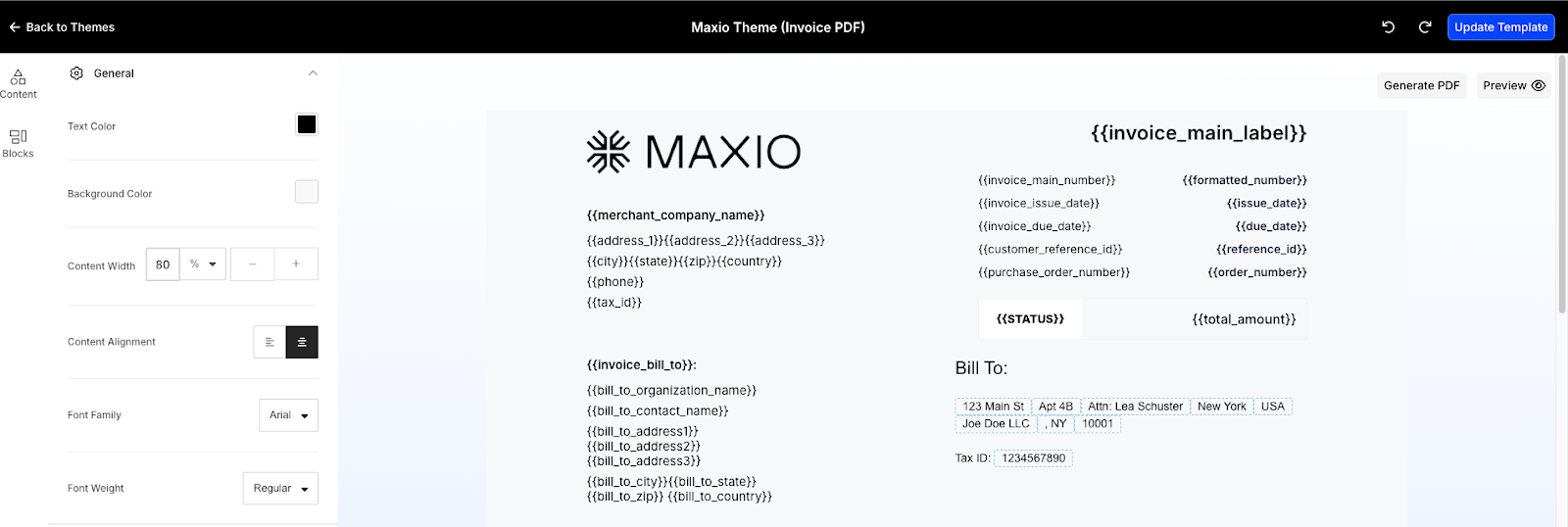 Visual template editor with a live invoice preview showing placeholder tokens beside element controls