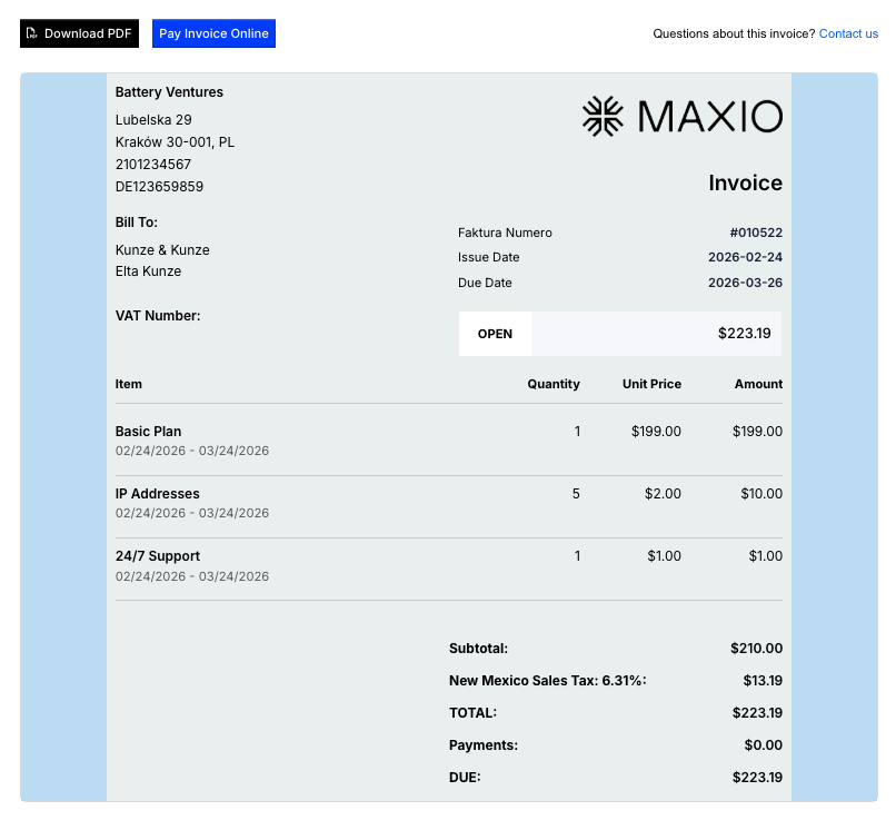 Rendered invoice produced from a branding theme, with the theme logo, customer address, VAT number, line items and totals