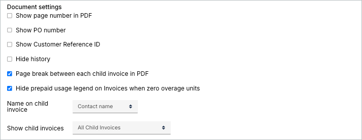 Document settings with checkboxes for page number, PO number, customer reference ID, history and page breaks between child invoices