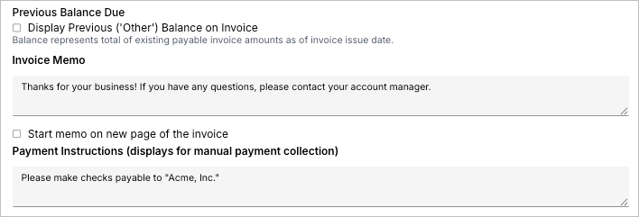 Settings with an option to display a previous balance on the invoice, beside an invoice memo text area