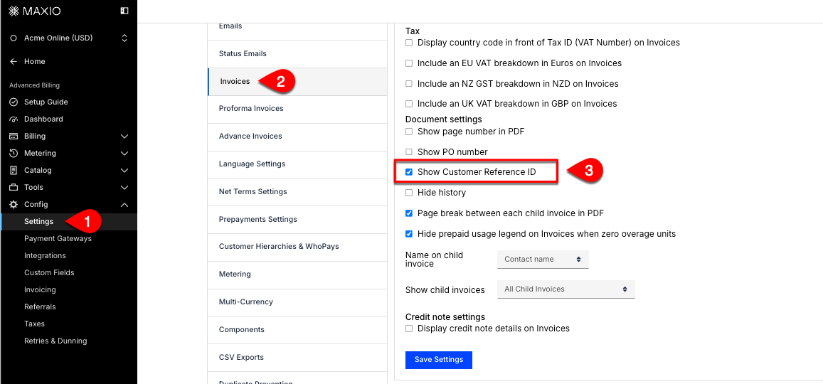 Invoice settings with the Show Customer Reference ID checkbox highlighted among the tax and document options