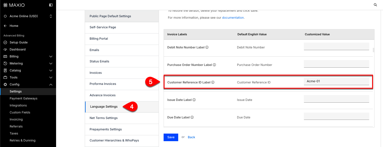 Language settings tabulating invoice labels and their default English values, with the customer reference ID label highlighted