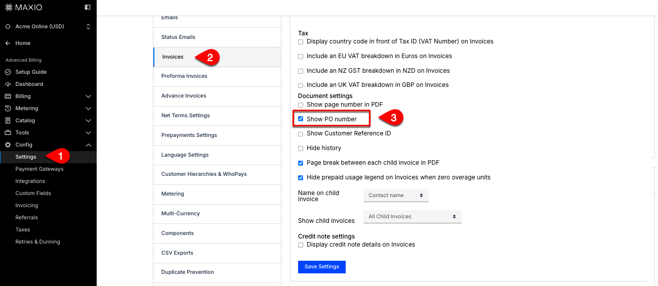 Invoice settings with the Show PO Number checkbox highlighted