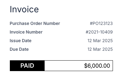 Rendered invoice header with a purchase order number shown beside the invoice number and dates