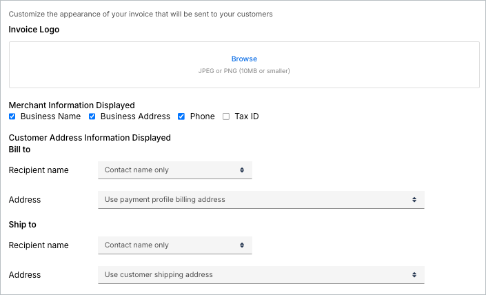 Invoice customization settings to control customer address information.