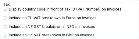 Tax settings with checkboxes for a country code before the tax ID and for VAT and GST breakdowns in local currency