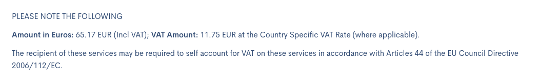 Example of EU VAT breakdown message on an Invoice