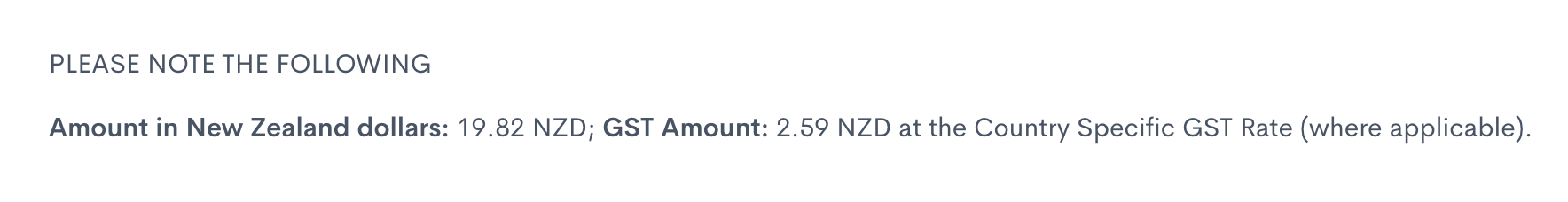 Example of NZD GST breakdown message on an Invoice