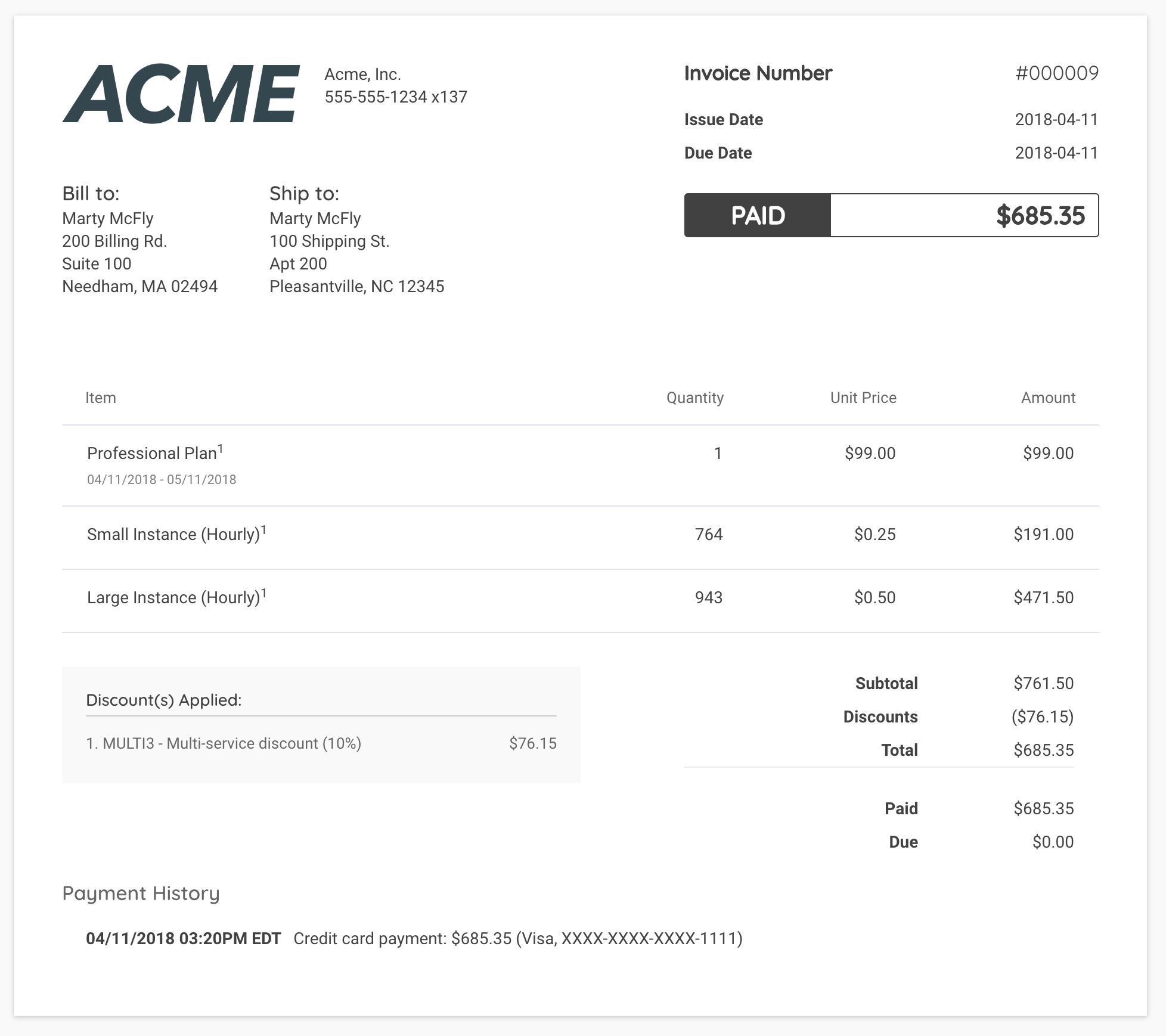 Rendered invoice with header, bill-to and ship-to blocks, line items, discounts, totals and a payment history recording a card payment