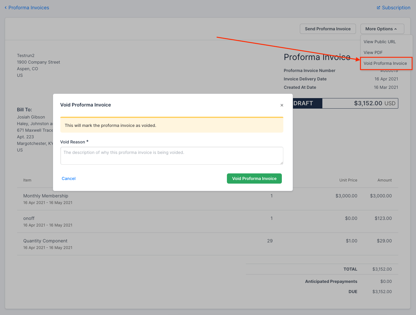 Proforma invoice with a confirmation dialog open for voiding or deleting it
