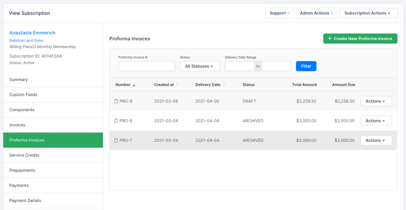 Proforma invoices list with rows in draft status, their created and delivery dates and totals