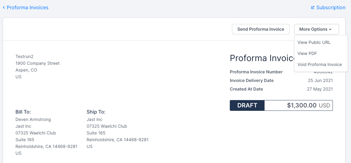 Header of a consolidated Proforma Invoice, showing the same Send and More Options actions as a single-subscription Proforma Invoice