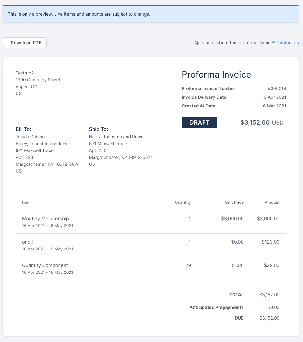 Customer-facing proforma view with a banner warning that the document is a preview and amounts may change