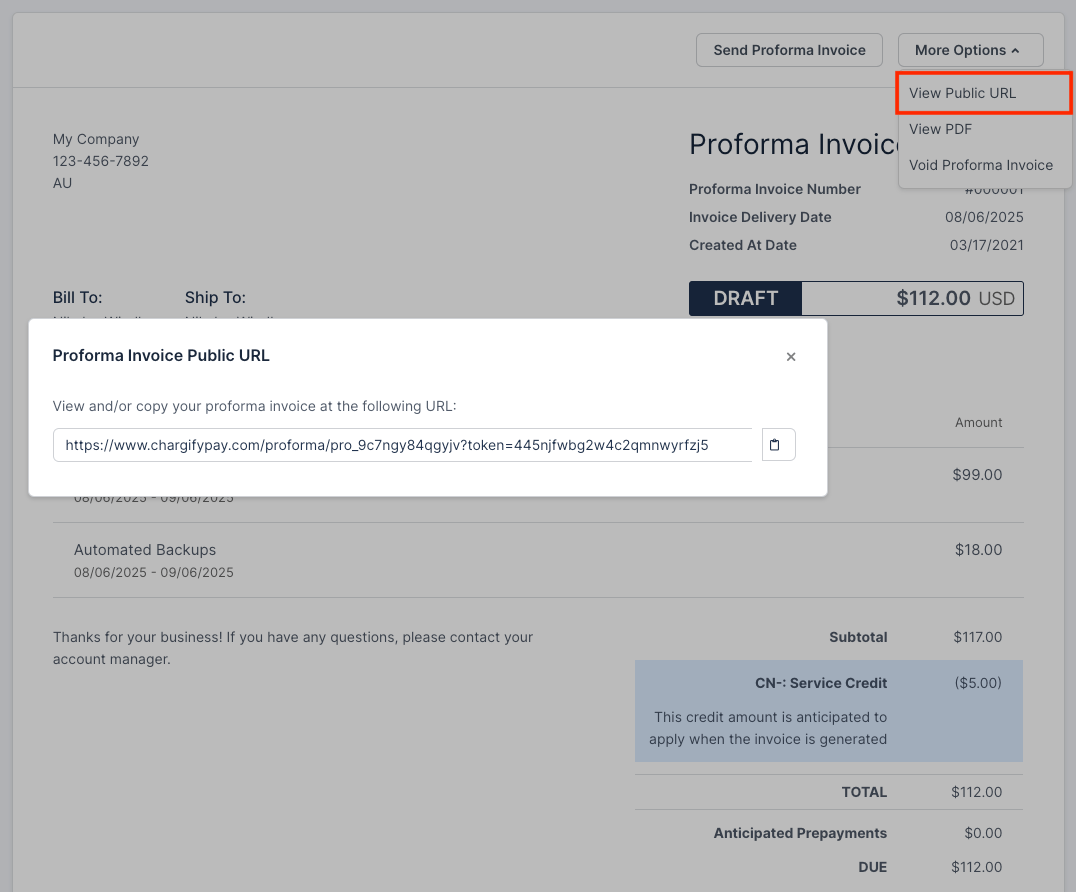 Proforma invoice with its public URL panel expanded, showing the full URL in a copyable field