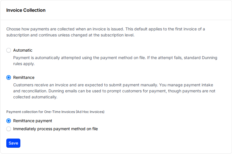 Invoice collection settings explaining how automatic and remittance collection each behave for dunning, plus payment collection for one-time Invoices