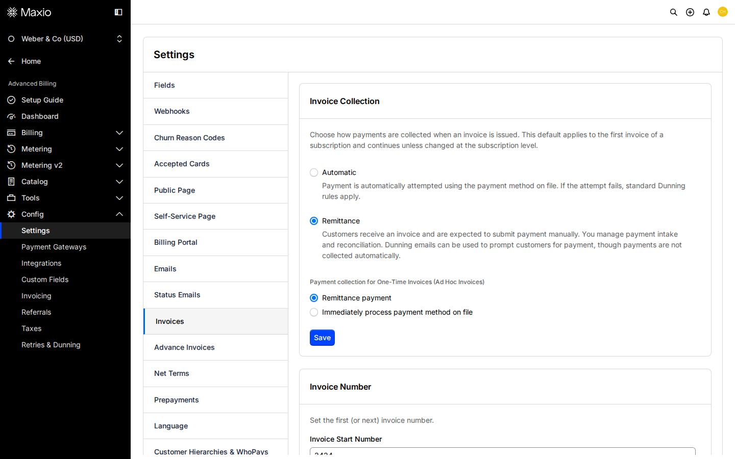 Invoices settings page alongside the settings navigation, covering collection, numbering and customization