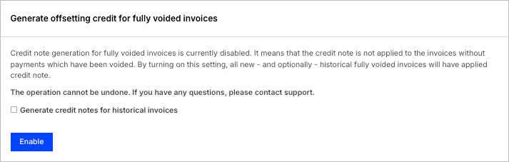Setting to generate an offsetting credit for fully voided invoices, currently disabled, with an explanation of what enabling it changes