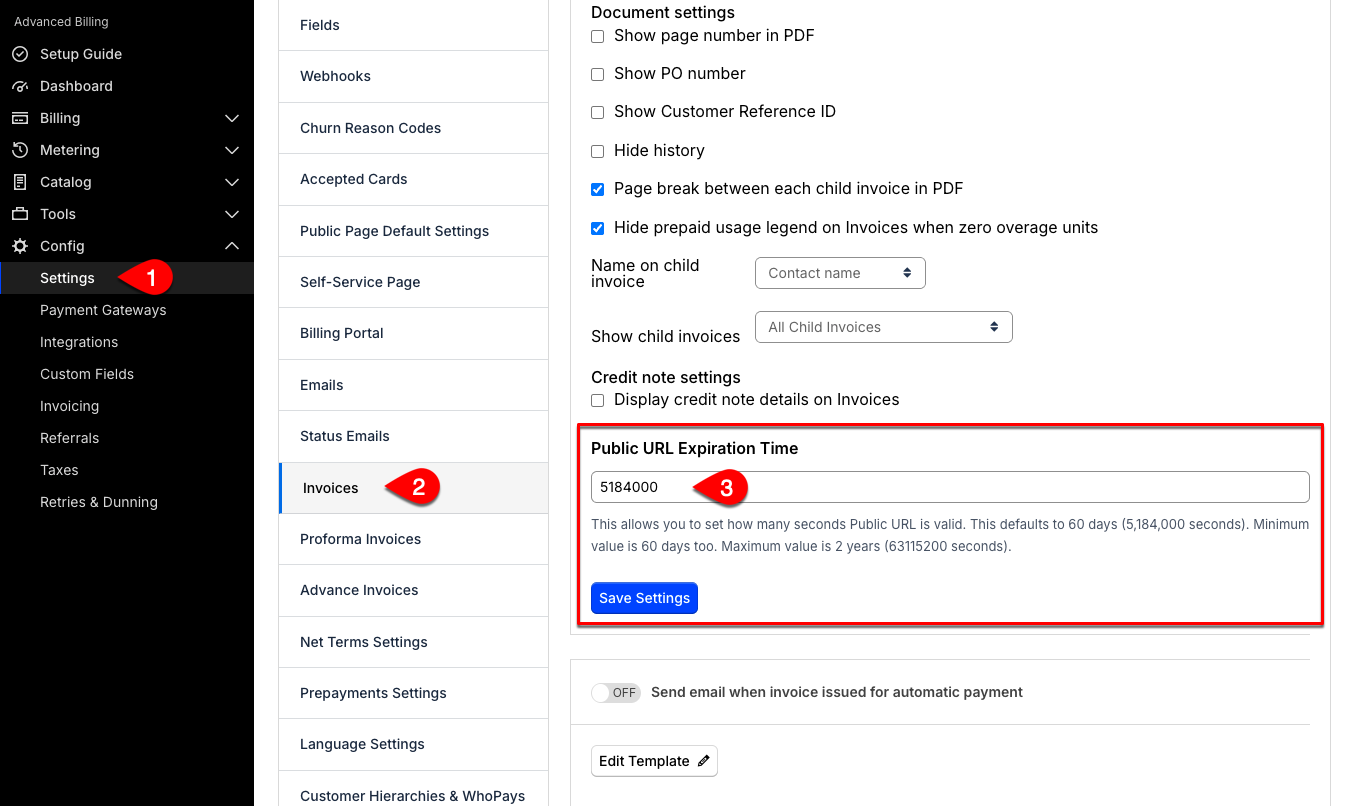 Invoice settings with the public page expiration time field highlighted among the document and credit options