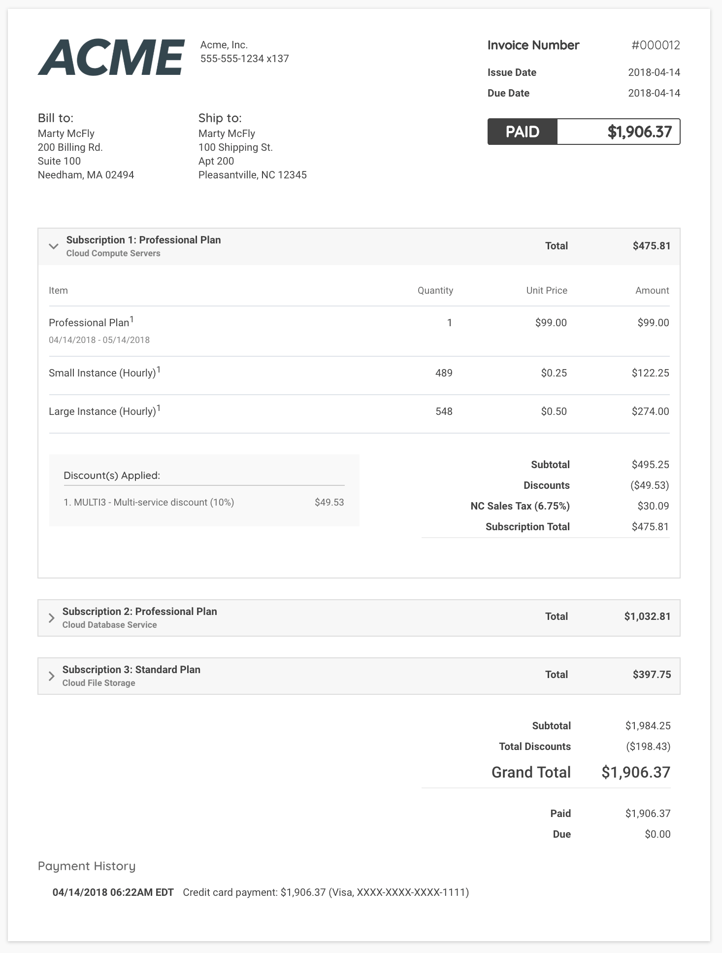 Rendered consolidated invoice with three subscription sections, per-subscription subtotals and a single grand total