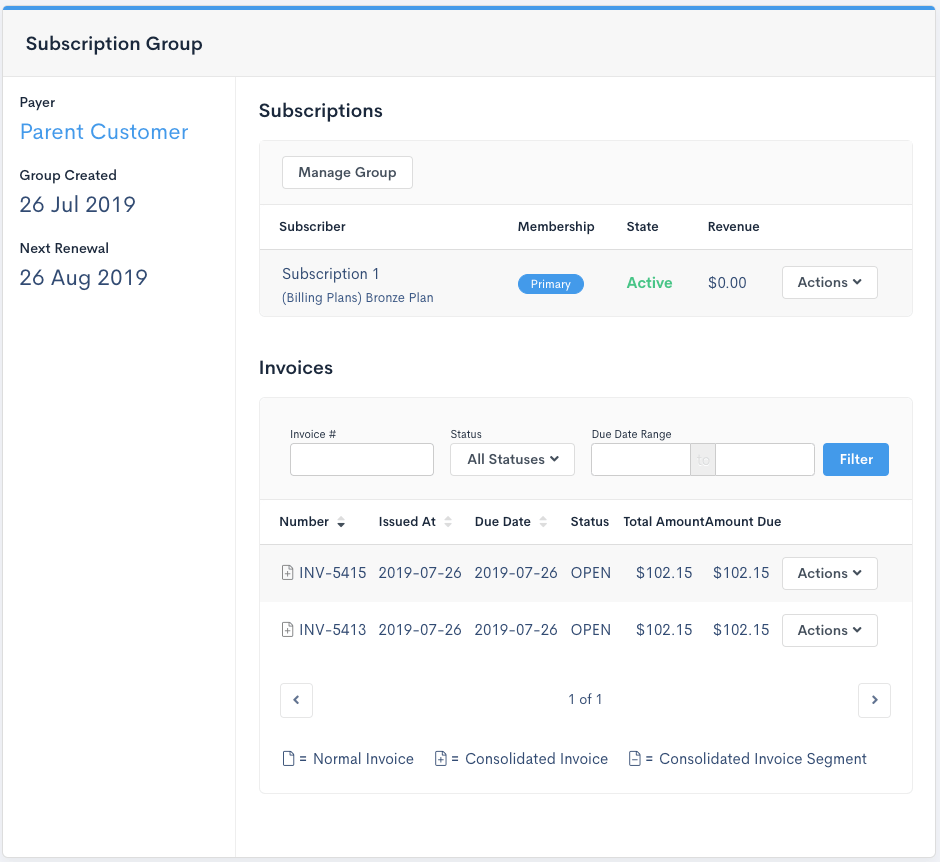 Subscription group page with a manage control, the member list and their roles, and the group's consolidated invoices