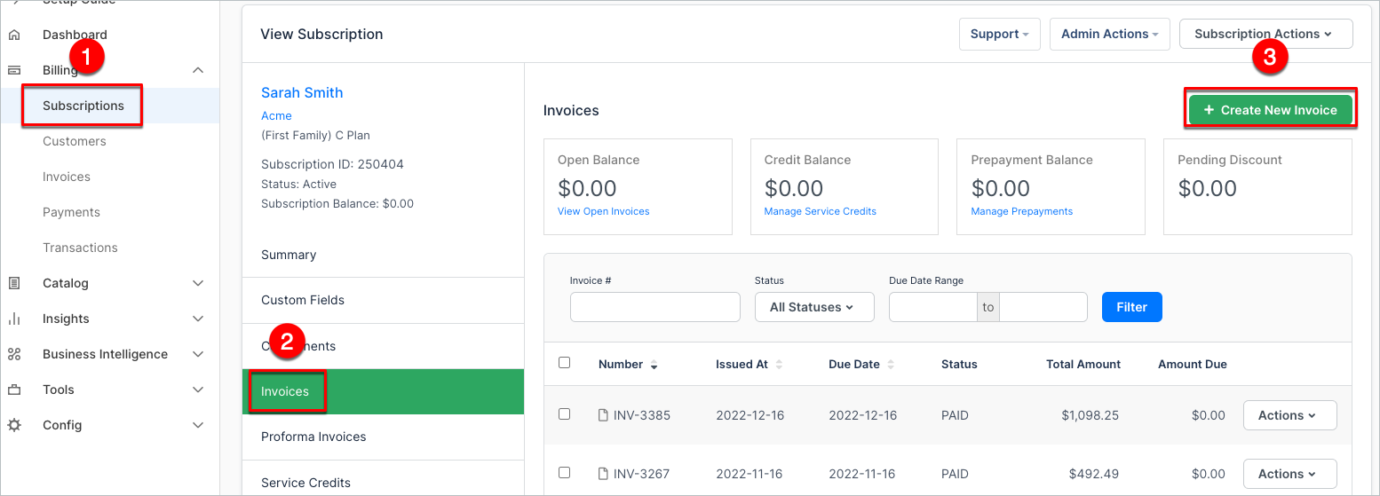 Draft invoice being created, with each editable region numbered: line items, totals and status controls