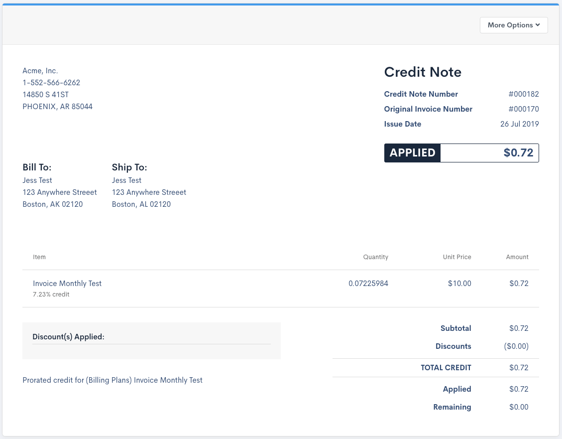 Rendered credit note with its number, the original invoice number, an applied stamp, line items and totals