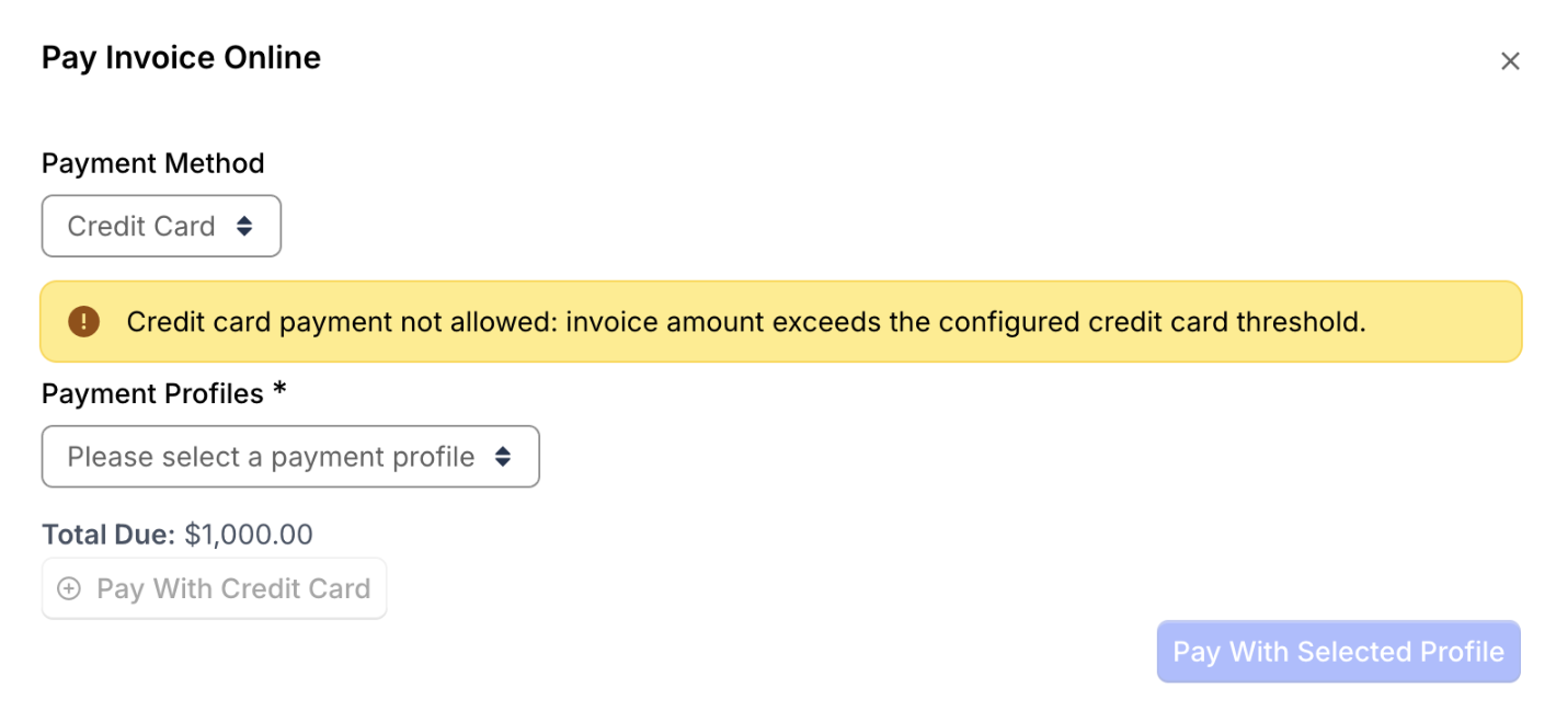 Pay Invoice Online dialog warning that card payment is not allowed because the amount exceeds the configured limit