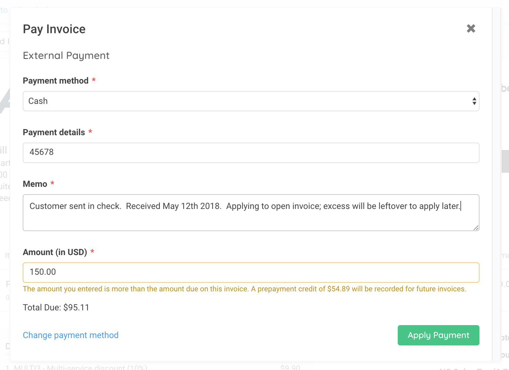 External payment form with method, details, memo and amount fields, and a message that the amount entered exceeds the balance