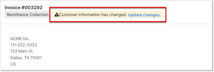 Invoice header with a banner warning that customer information has changed