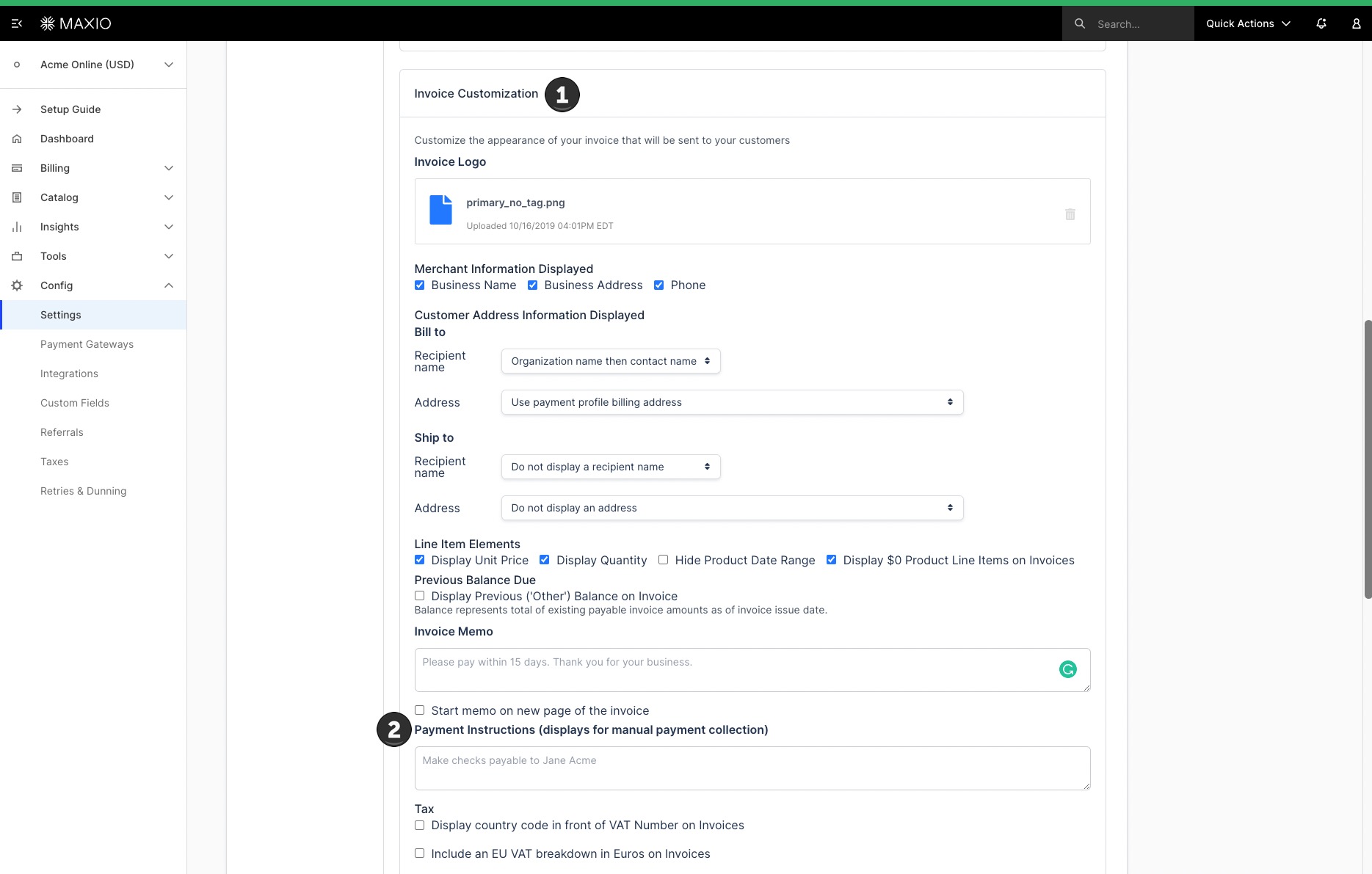 Invoice Customization section with the Invoice Memo field and the Payment Instructions field, each labeled with a numbered callout