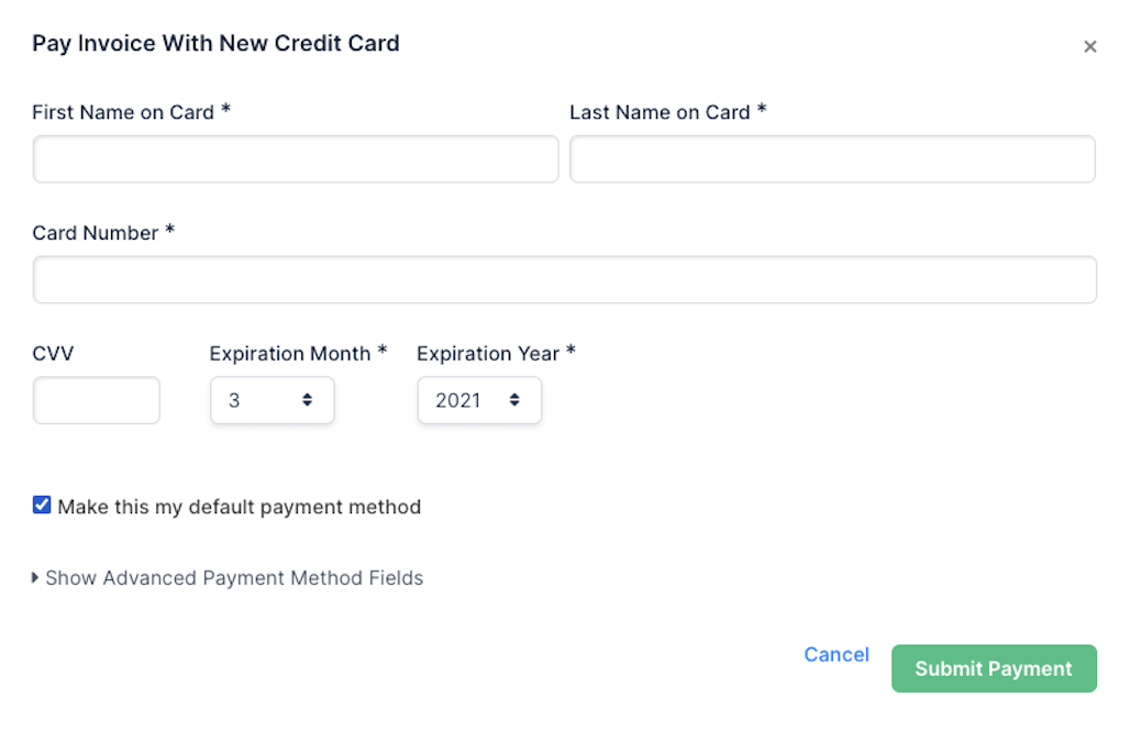 Pay Invoice With New Credit Card form on the public invoice page