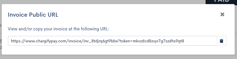 Invoice Public URL popup showing the shareable link and a copy icon