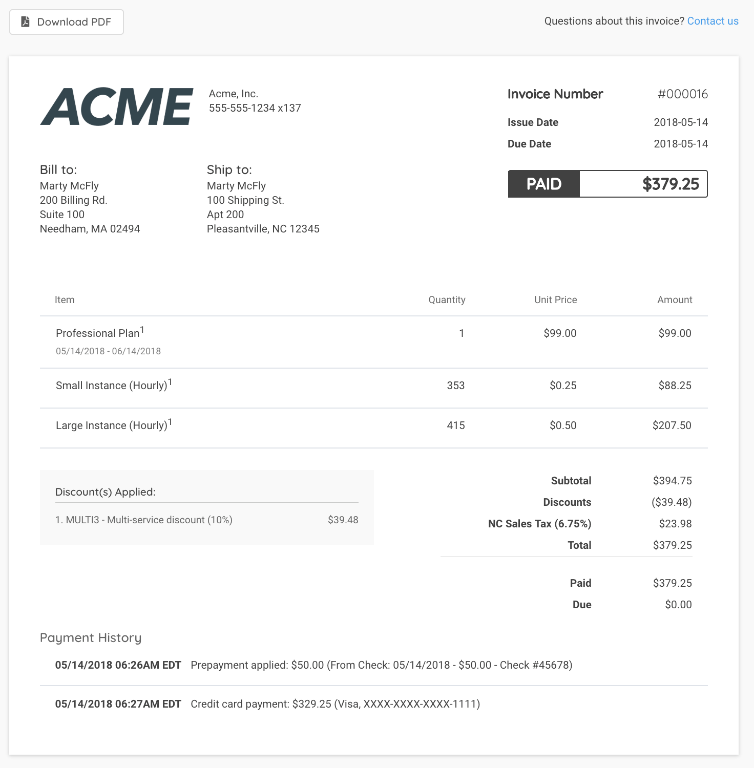 Public invoice page for a paid Invoice, showing only a Download PDF button