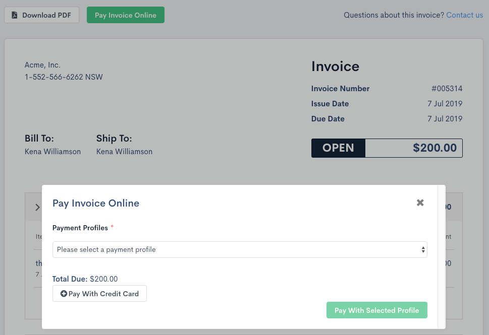 Public invoice page for an open Invoice, with the Pay Invoice Online modal open showing a payment profile dropdown