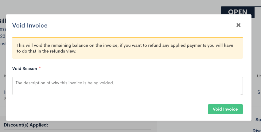 Void Invoice dialog warning that voiding clears the remaining balance and applied payments must be refunded separately